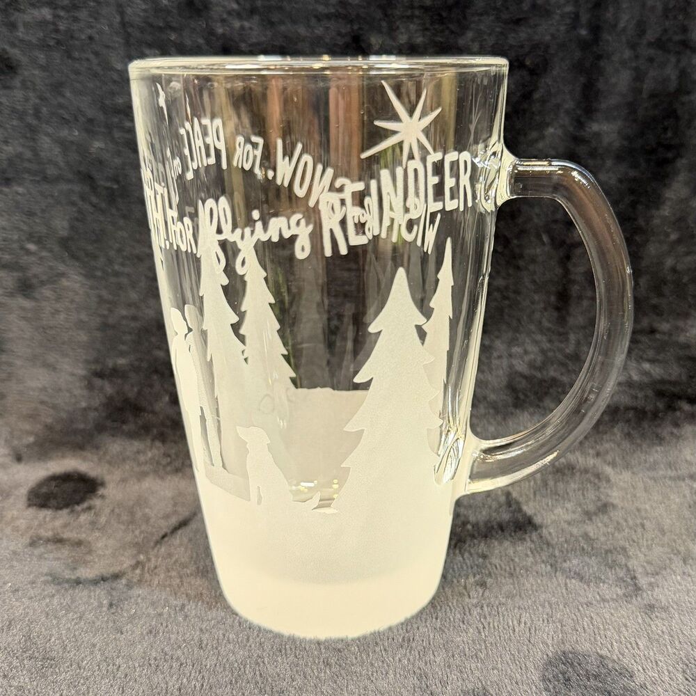 Starbucks Christmas Clear Glass Mug w/ Handle Frosted White Reindeer Trees 2009